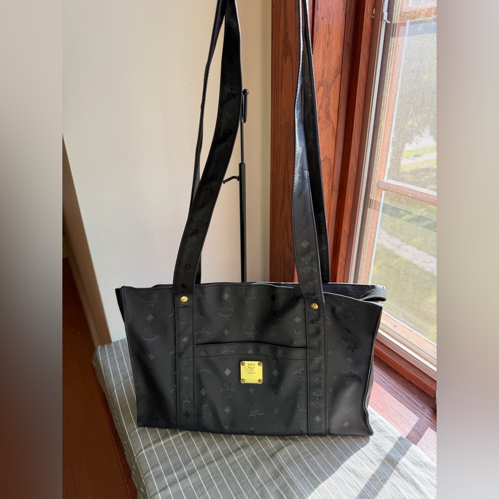 MCM Black Leather Tote with Gold Accents